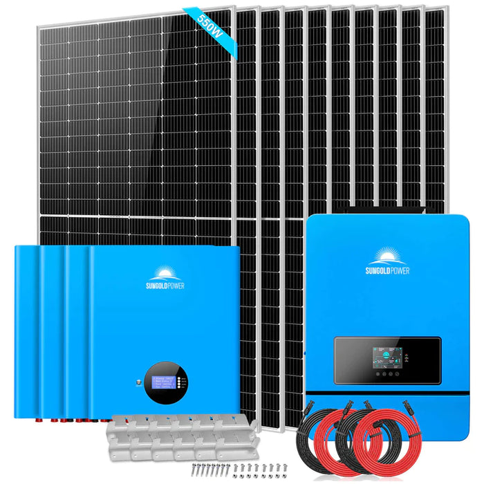 SunGold Power Off Grid Solar Kit 10 X 550 Watts Solar Panels 4 X 5.12kwh Powerwall Lithium Battery 10KW Solar Inverter 48VDC 120V/240V Sgm-10k20