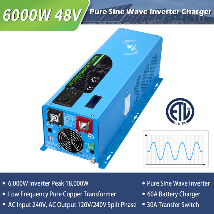 SunGold Power Off Grid Solar Kit 6000W 48VDC 120V/240V LIFEPO4 10.24kwh Lithium Battery 6 X 370 Watt Solar Panels Sgk-PRO64