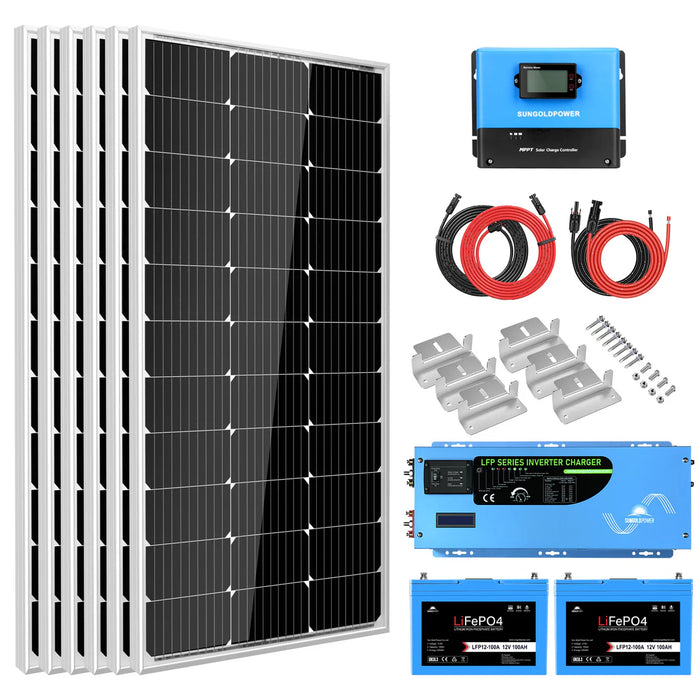 SunGold Power Off Grid Solar Kit 3000W Inverter 12VDC 120V Output LIFEPO4 Battery 600 Watt Solar Back up Sgk-PRO3