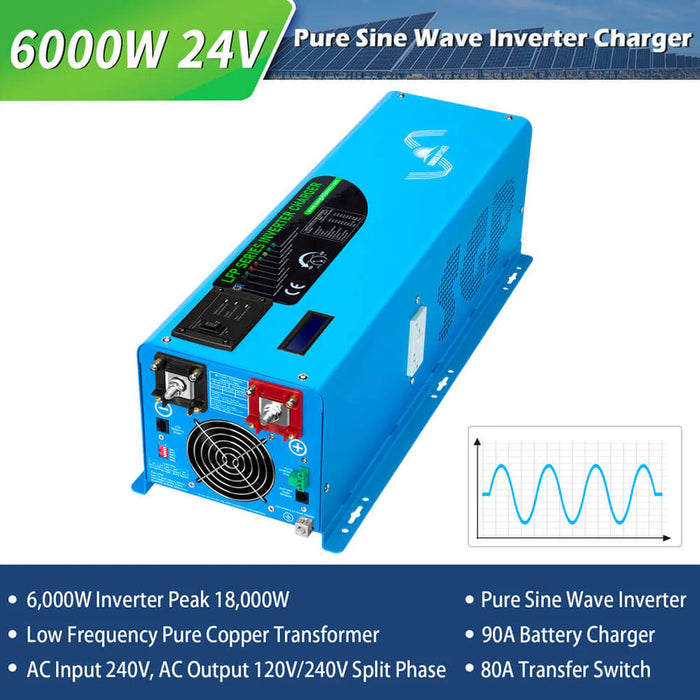 SunGold Power Off Grid Solar Kit 6000W 24VDC 120V/240V LIFEPO4 10.24kwh Lithium Battery 6 X 370 Watt Solar Panels Sgk-PRO62