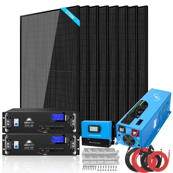 SunGold Power Off-grid Solar Kit 6000w 48vdc 120v/240v Lifepo4 10.48kwh Server Rack Lithium Battery 8X370 Watts Solar Panels SGR-6KL48C