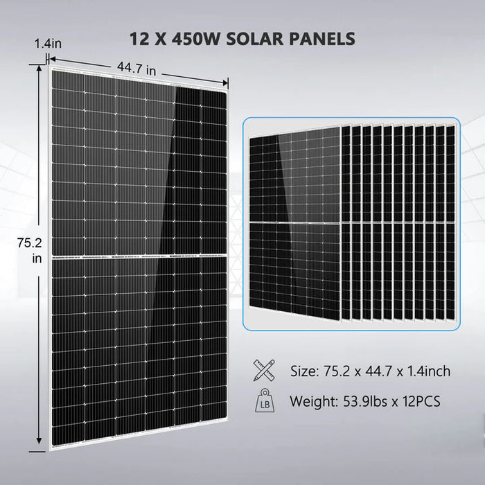 SunGold Power Off Grid Solar Kit 10000W 48VDC 120V/240V LIFEPO4 20.48KWH Lithium Battery 12X450 Watts Solar Panels SGR-10K2M