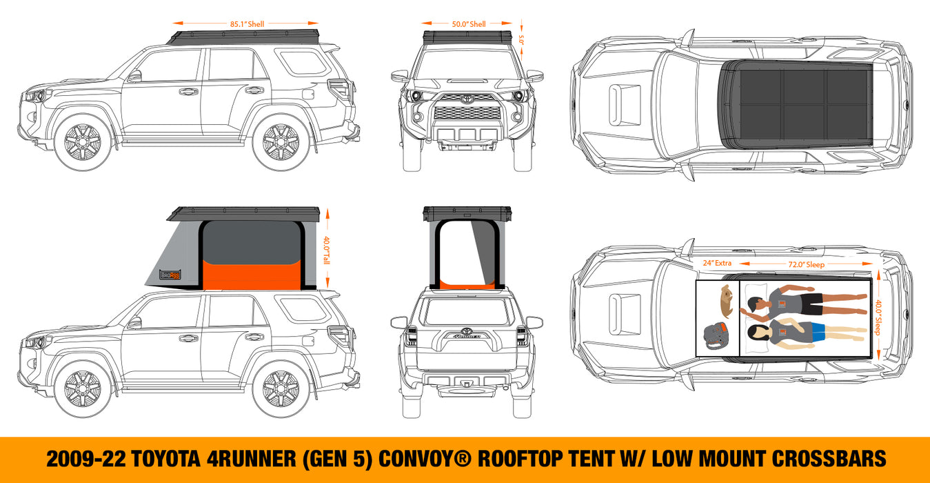 2009-24 Toyota 4Runner (Gen 5) CONVOY 2- Person Rooftop Tent w/ Low Mount Crossbars